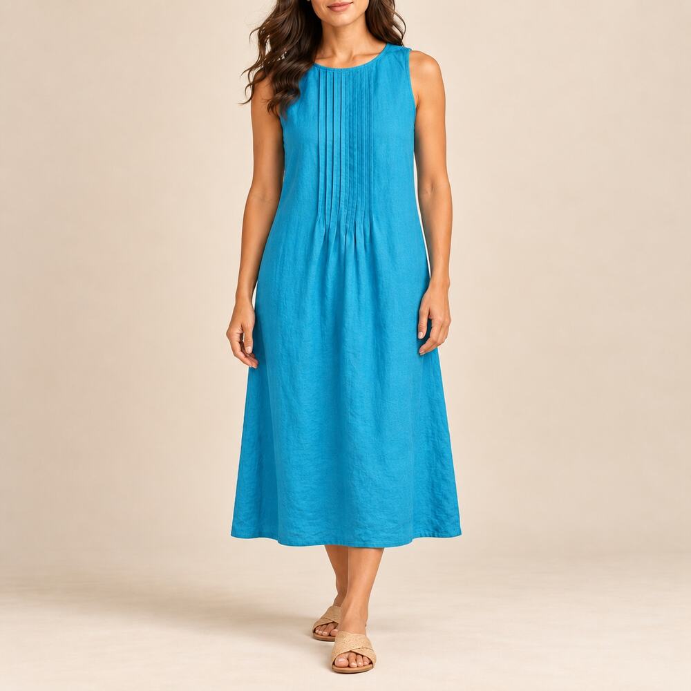 J.Jill 100% Linen Pintuck Midi Dress Turquoise Blue Small